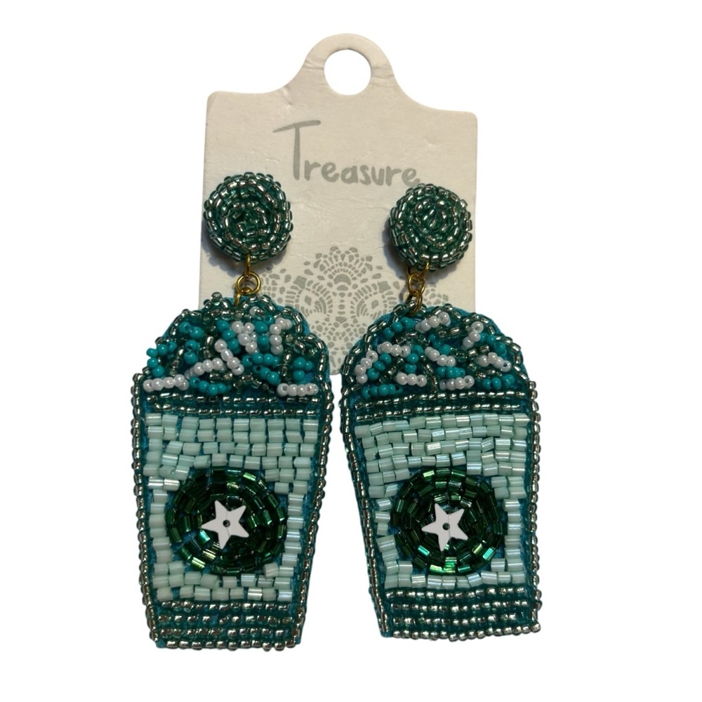 NEW Earrings Coffee Cups Seed Beaded Green White Teal Stars Felt Back Starbucks - Picture 2 of 9
